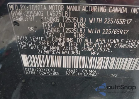 2017 Toyota Rav4 Xle from USA, damaged, VIN 2T3WFREV4HW400684